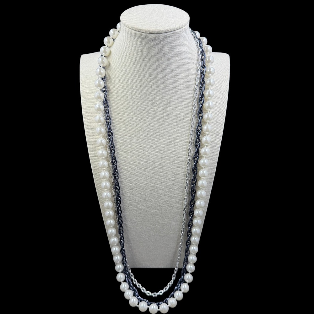 Vintage Faux Pearl Chain Necklace Layered Steel Blue Silver Tone Y2K Elegant 29"